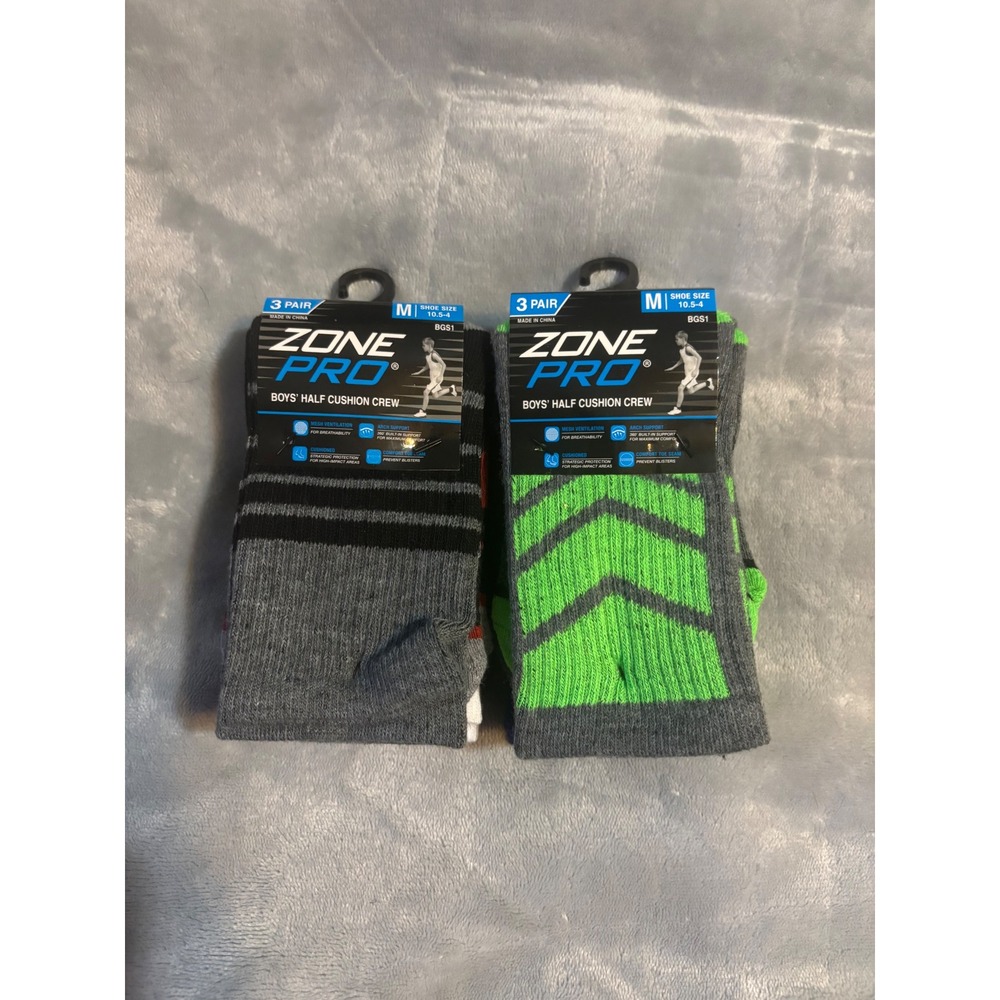 Zone Pro Boys Half Cushion Crew Socks 6 Pair Lot Shoe Size 10.5-4 Athletic Grey